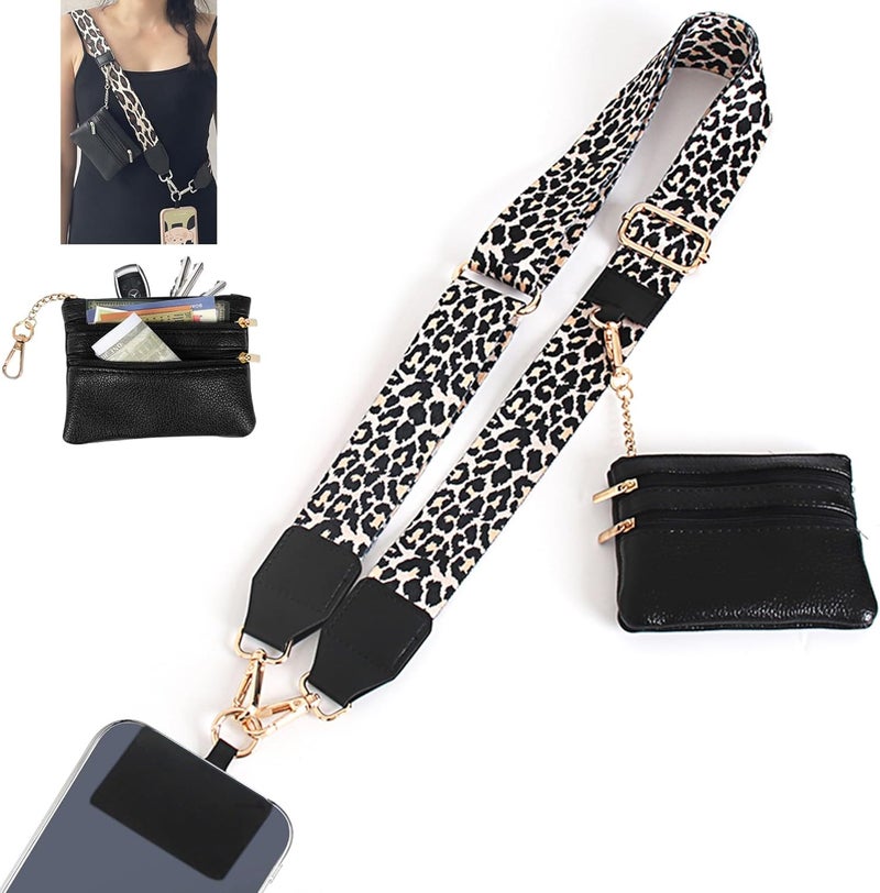 SCINYMC Clip and Go Strap for Phone with Wallet Crossbody, Adjustable Phone Strap with Wallet, Phones Straps with Zippered Pouch, Crossbody iPhone Straps for All Phones, Leopard - Image 1